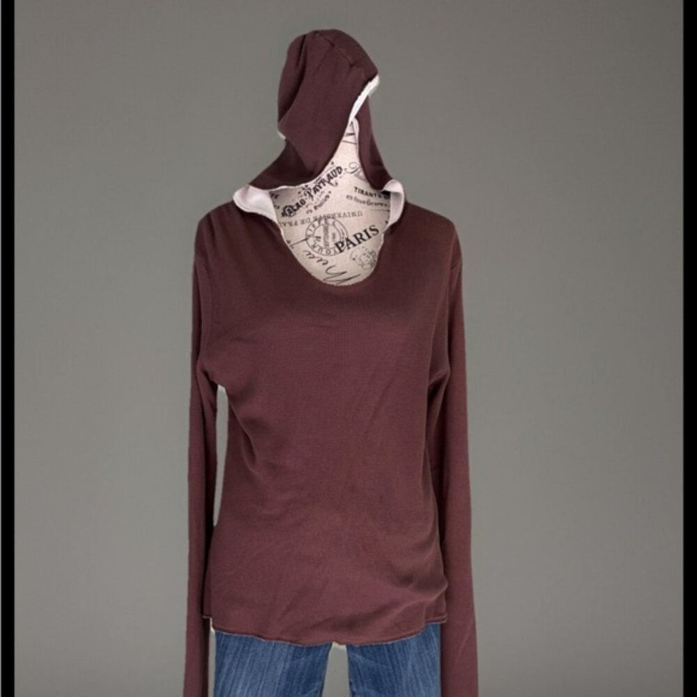 Horny Toad Top V-Neck Hooded Extra Long Sleeve with thumb hole Brown Sz L